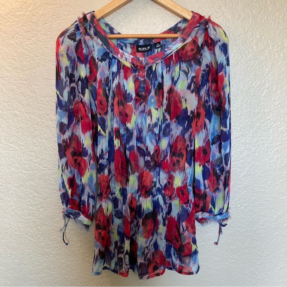Allen B. by Allen Schwartz Red and Blue Patterned Blouse. Fitted at waist